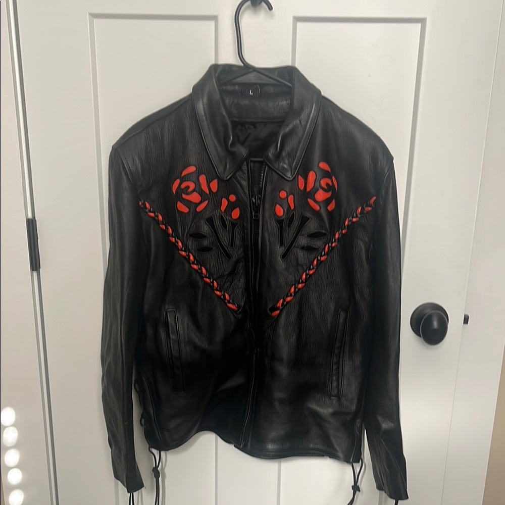Black Leather Jacket with Red Floral Design